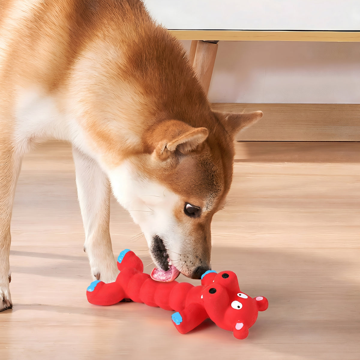 Super Stretch Long Body Durable Latex Squeaky Dog Toy in Fun Animal Designs (Red Hippo)