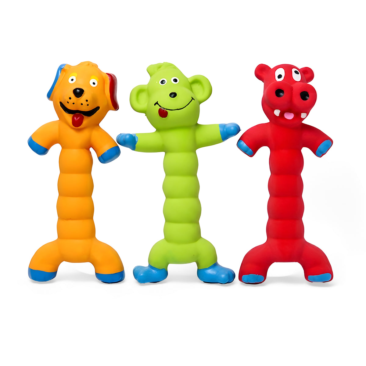 Super Stretch Long Body Durable Latex Squeaky Dog Toy in Fun Animal Designs (Red Hippo)